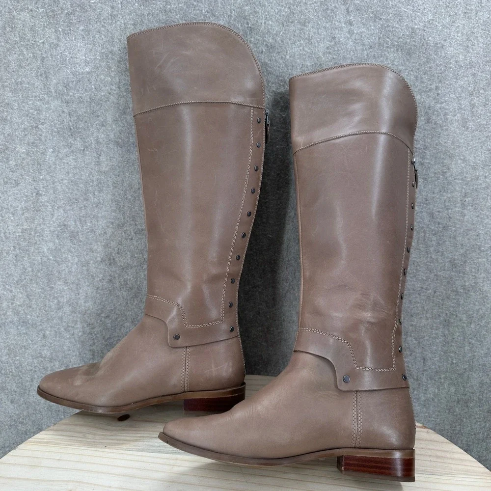 Franco Sarto Roxana Riding Boots 7 Brown Leather Studded Back Zip Over The Knee